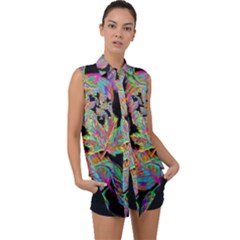 Autumn Pattern Dried Leaves Sleeveless Chiffon Button Shirt