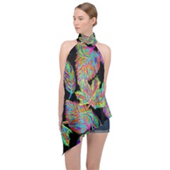 Autumn Pattern Dried Leaves Halter Asymmetric Satin Top by Simbadda