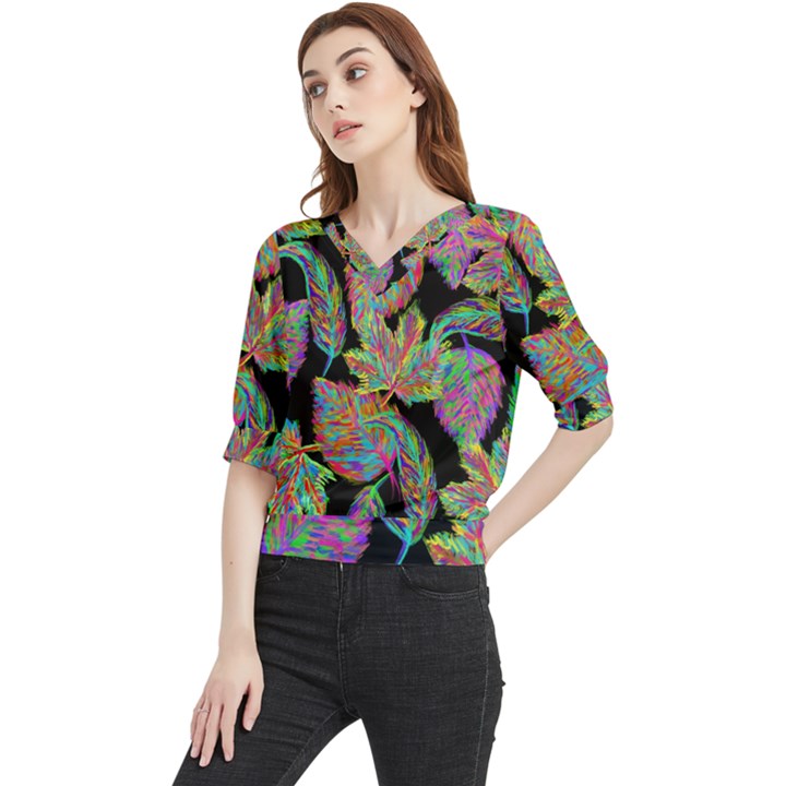 Autumn Pattern Dried Leaves Quarter Sleeve Blouse