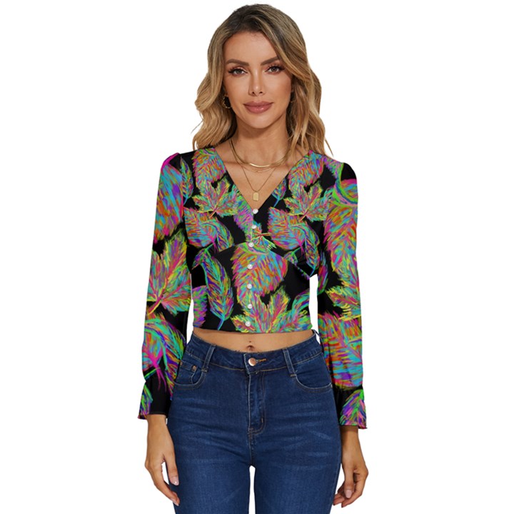 Autumn Pattern Dried Leaves Long Sleeve V-Neck Top