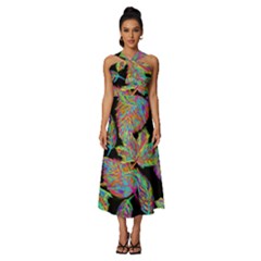 Autumn Pattern Dried Leaves Sleeveless Cross Front Cocktail Midi Chiffon Dress by Simbadda