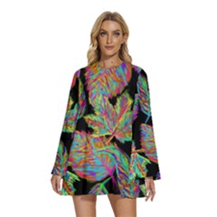 Autumn Pattern Dried Leaves Round Neck Long Sleeve Bohemian Style Chiffon Mini Dress by Simbadda