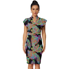 Autumn Pattern Dried Leaves Vintage Frill Sleeve V-neck Bodycon Dress by Simbadda