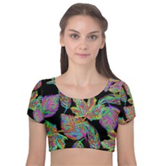 Autumn Pattern Dried Leaves Velvet Short Sleeve Crop Top  by Simbadda