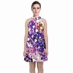 Paint Texture Purple Watercolor Velvet Halter Neckline Dress 