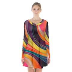 Abstract Colorful Background Wavy Long Sleeve Velvet V-neck Dress