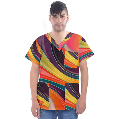 Abstract Colorful Background Wavy Men s V-neck Scrub Top by Simbadda