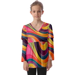 Abstract Colorful Background Wavy Kids  V Neck Casual Top by Simbadda