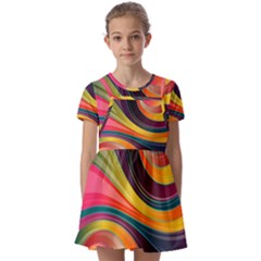 Abstract Colorful Background Wavy Kids  Short Sleeve Pinafore Style Dress by Simbadda