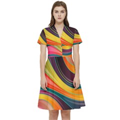 Abstract Colorful Background Wavy Short Sleeve Waist Detail Dress by Simbadda