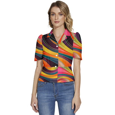 Abstract Colorful Background Wavy Puffed Short Sleeve Button Up Jacket by Simbadda