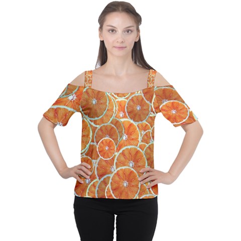 Oranges Background Texture Pattern Cutout Shoulder Tee by Simbadda