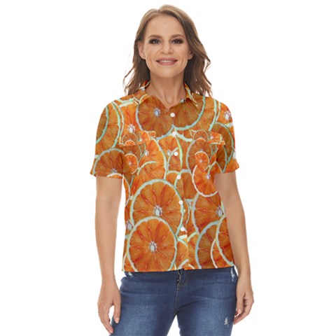 Oranges Background Texture Pattern Women s Short Sleeve Double Pocket Shirt by Simbadda