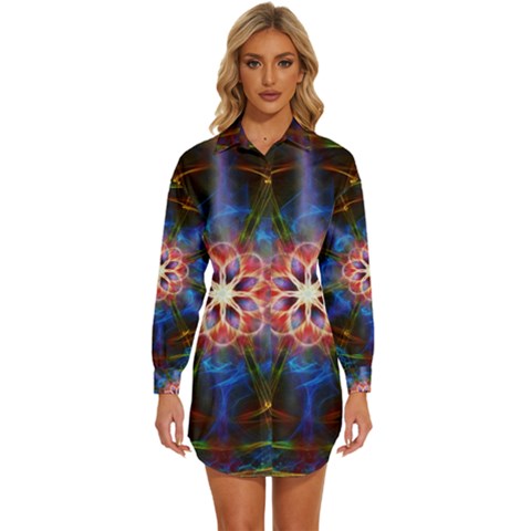 Mandala Pattern Kaleidoscope Womens Long Sleeve Shirt Dress by Simbadda