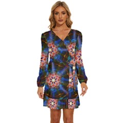 Mandala Pattern Kaleidoscope Long Sleeve Waist Tie Ruffle Velvet Dress by Simbadda