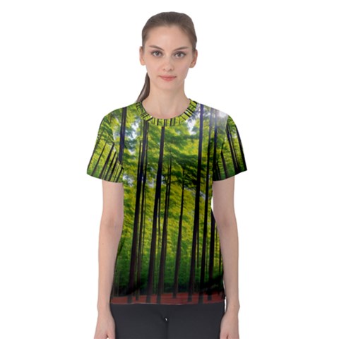 Green Forest Jungle Trees Nature Sunny Women s Sport Mesh Tee by Ravend