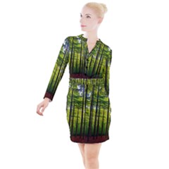 Green Forest Jungle Trees Nature Sunny Button Long Sleeve Dress by Ravend