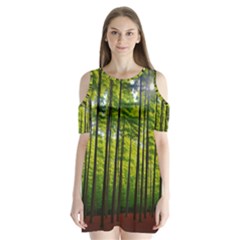 Green Forest Jungle Trees Nature Sunny Shoulder Cutout Velvet One Piece by Ravend