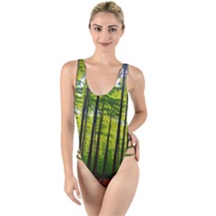 Green Forest Jungle Trees Nature Sunny High Leg Strappy Swimsuit by Ravend