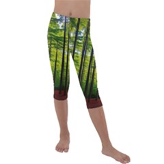 Green Forest Jungle Trees Nature Sunny Kids  Lightweight Velour Capri Leggings  by Ravend