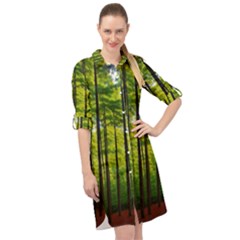 Green Forest Jungle Trees Nature Sunny Long Sleeve Mini Shirt Dress by Ravend