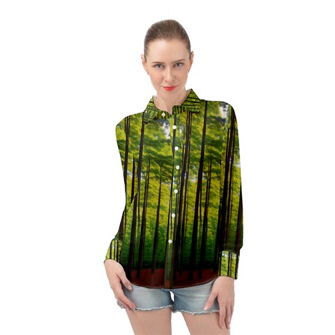 Green Forest Jungle Trees Nature Sunny Long Sleeve Chiffon Shirt by Ravend