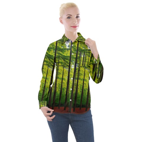 Green Forest Jungle Trees Nature Sunny Women s Long Sleeve Pocket Shirt by Ravend