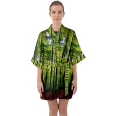 Green Forest Jungle Trees Nature Sunny Half Sleeve Satin Kimono  by Ravend