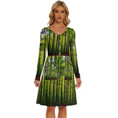 Green Forest Jungle Trees Nature Sunny Long Sleeve Dress With Pocket by Ravend