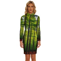 Green Forest Jungle Trees Nature Sunny Long Sleeve Shirt Collar Bodycon Dress by Ravend