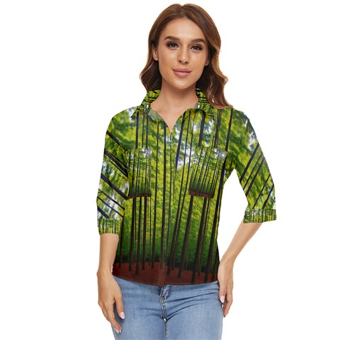 Green Forest Jungle Trees Nature Sunny Women s Quarter Sleeve Pocket Shirt by Ravend