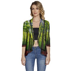 Green Forest Jungle Trees Nature Sunny Women s 3/4 Sleeve Ruffle Edge Open Front Jacket by Ravend