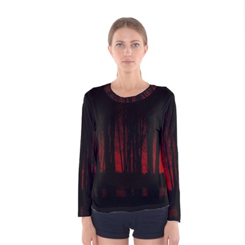 Scary Dark Forest Red And Black Women s Long Sleeve Tee by Ravend