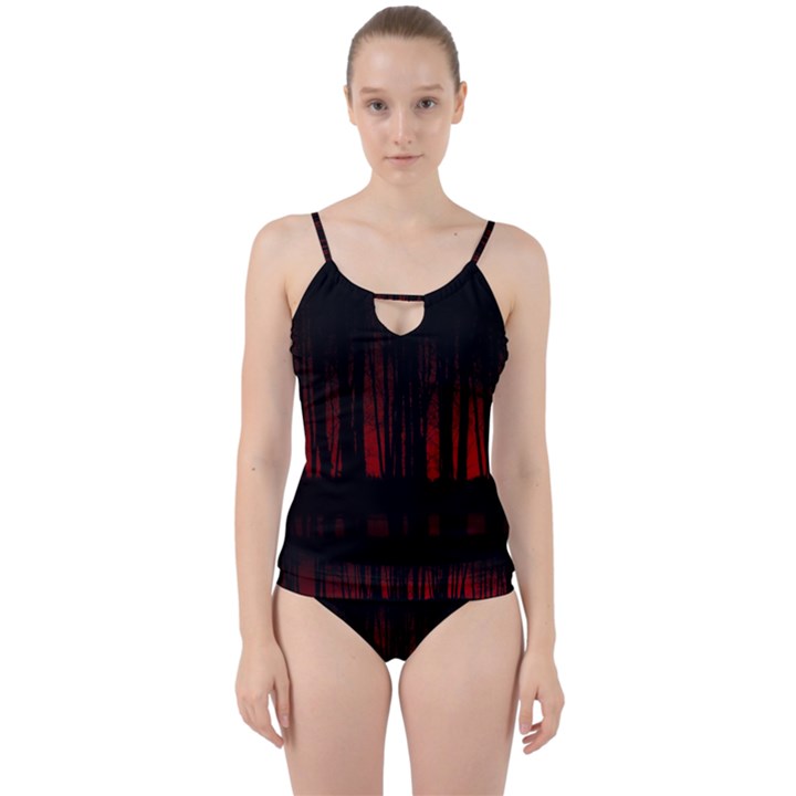 Scary Dark Forest Red And Black Cut Out Top Tankini Set