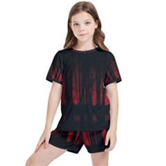 Scary Dark Forest Red And Black Kids  Tee And Sports Shorts Set by Ravend