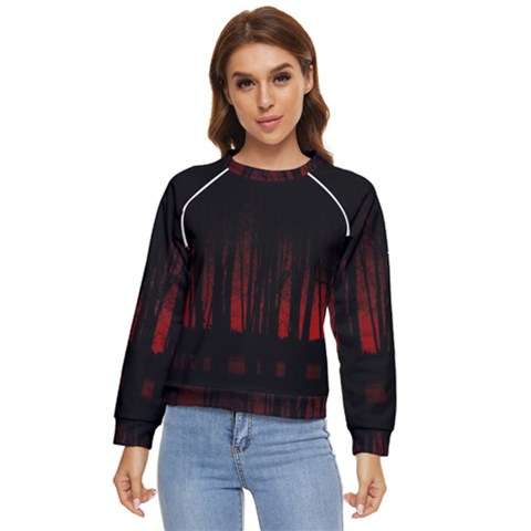 Scary Dark Forest Red And Black Women s Long Sleeve Raglan Tee by Ravend