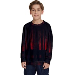 Scary Dark Forest Red And Black Kids  Long Sleeve Jersey by Ravend