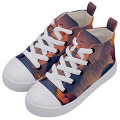 Cool Landscape Night Minimal Art Minimalist Kids  Mid-top Canvas Sneakers by Ravend