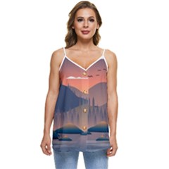 Cool Landscape Night Minimal Art Minimalist Casual Spaghetti Strap Chiffon Top by Ravend