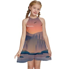 Cool Landscape Night Minimal Art Minimalist Kids  Halter Collar Waist Tie Chiffon Dress by Ravend