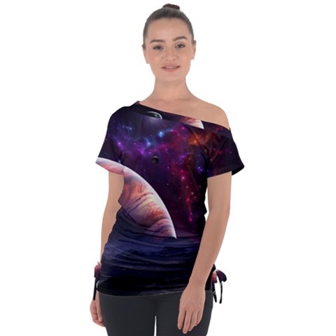 Clouds Fantasy Space Landscape Colorful Planet Off Shoulder Tie-up Tee by Ravend