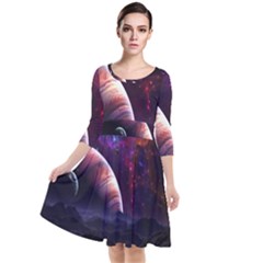 Clouds Fantasy Space Landscape Colorful Planet Quarter Sleeve Waist Band Dress by Ravend