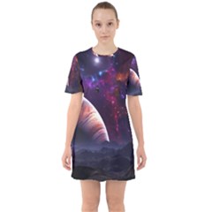 Clouds Fantasy Space Landscape Colorful Planet Sixties Short Sleeve Mini Dress by Ravend