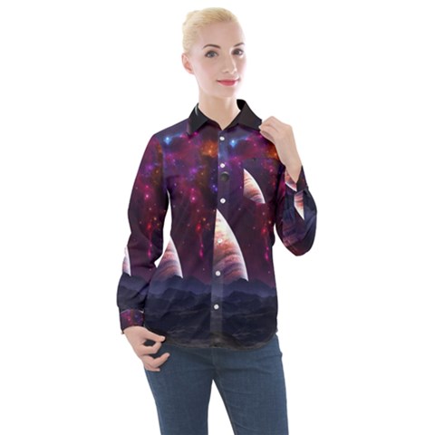 Clouds Fantasy Space Landscape Colorful Planet Women s Long Sleeve Pocket Shirt by Ravend