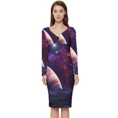 Clouds Fantasy Space Landscape Colorful Planet Long Sleeve V-neck Bodycon Dress  by Ravend