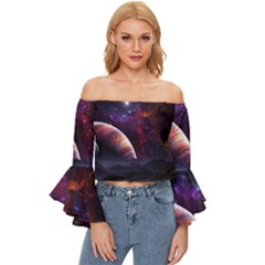 Clouds Fantasy Space Landscape Colorful Planet Off Shoulder Flutter Bell Sleeve Top by Ravend