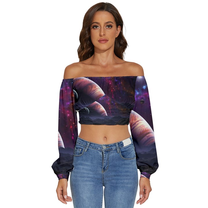 Clouds Fantasy Space Landscape Colorful Planet Long Sleeve Crinkled Weave Crop Top