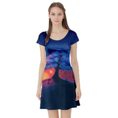 Dark Tree Sunset Landscape Art Short Sleeve Skater Dress by Ravend