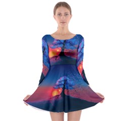 Dark Tree Sunset Landscape Art Long Sleeve Skater Dress by Ravend