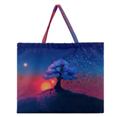 Dark Tree Sunset Landscape Art Zipper Large Tote Bag